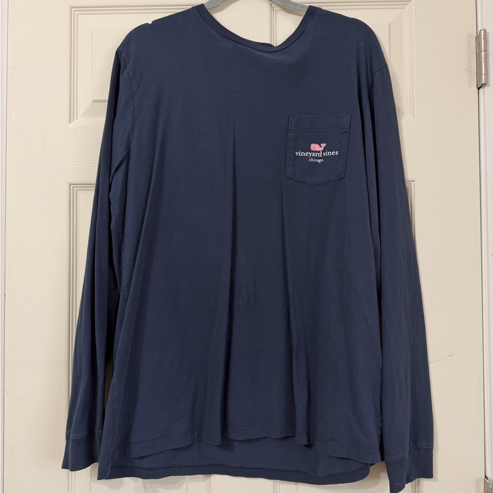 Vineyard Vines Long Sleeve Pocket Tee - Navy with Pink Logo